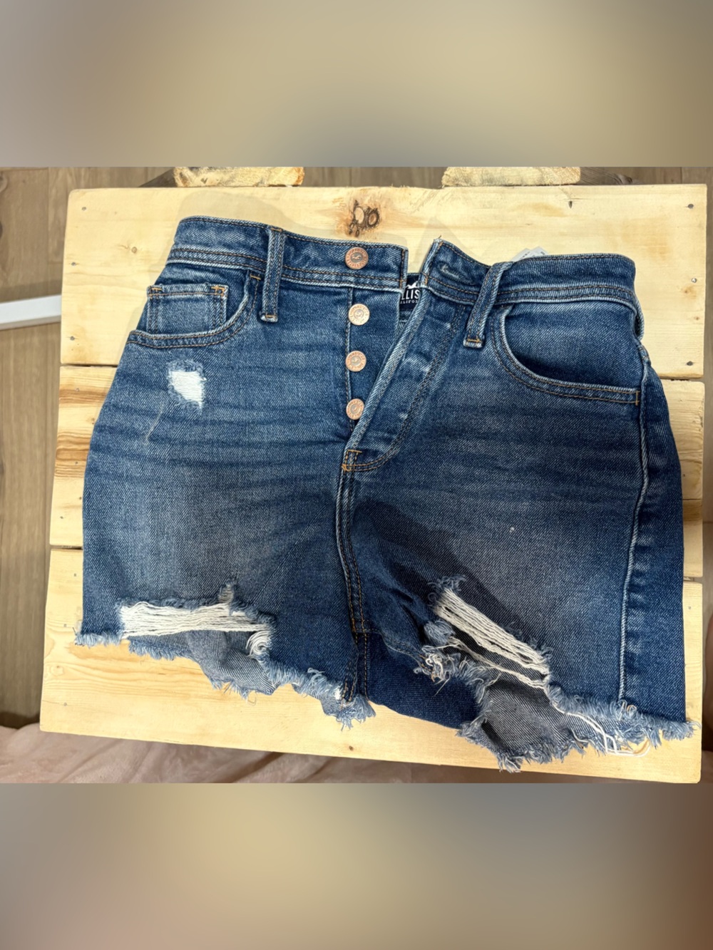 Hollister Distressed Dark Blue High-Rise Denim Shorts